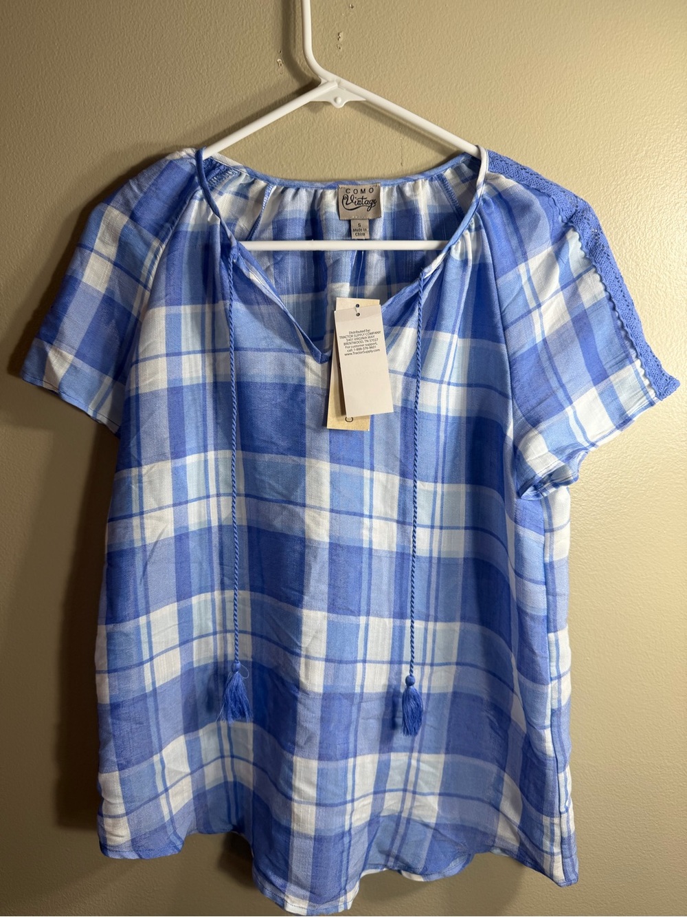 Como Vintage Blue Plaid Crochet Tassel Blouse NWT S